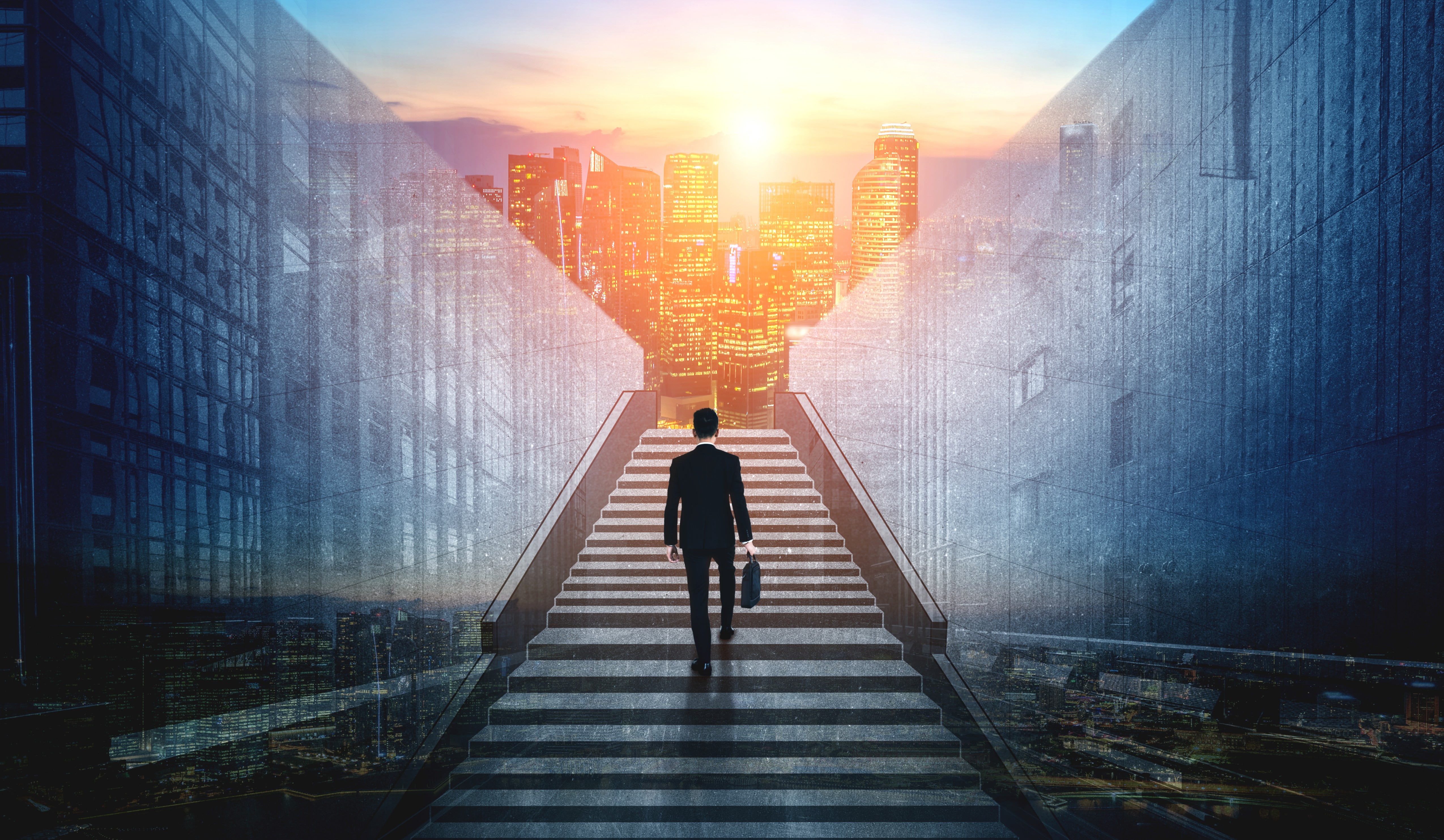 A businessman in formal attire climbing a high stairway that represents the concept of career path success, future planning, and business competition. The image depicts the businessman's ambition to overcome challenges and pursue opportunities for success